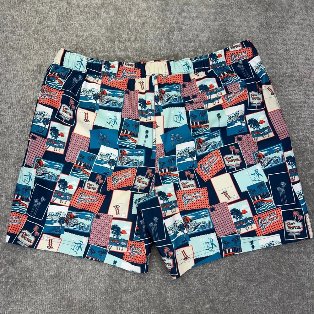 ORIGINAL PENGUIN Men's XL Swim Trunks Postcard Motel Print Blue Beach Shorts NWT
